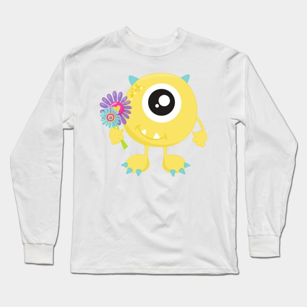 Spring Monster, Yellow Monster, Flowers, Horns Long Sleeve T-Shirt by Jelena Dunčević